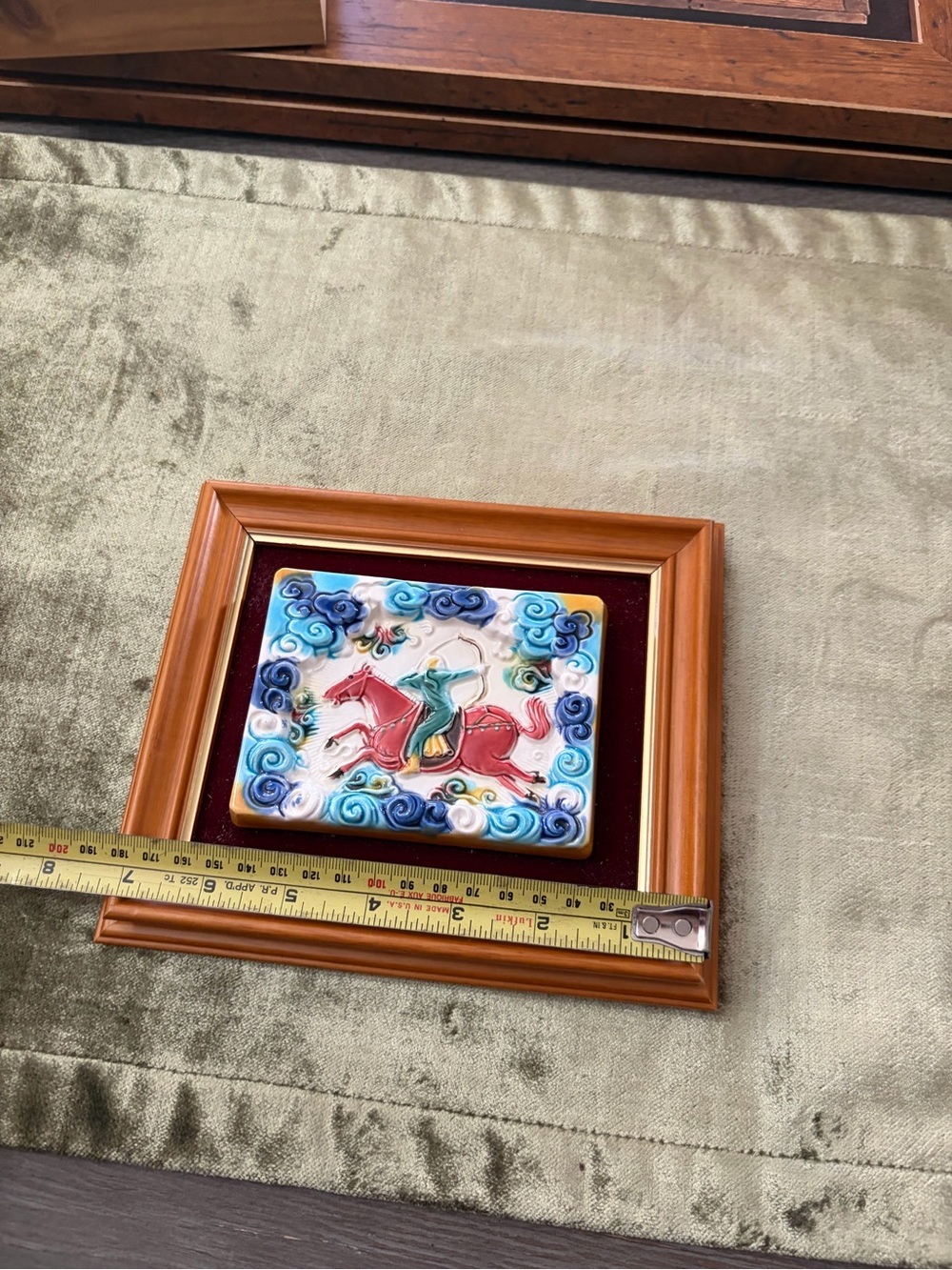 Framed Ceramic Plaque with Red Horse and Green Rider - Picture 3 of 6